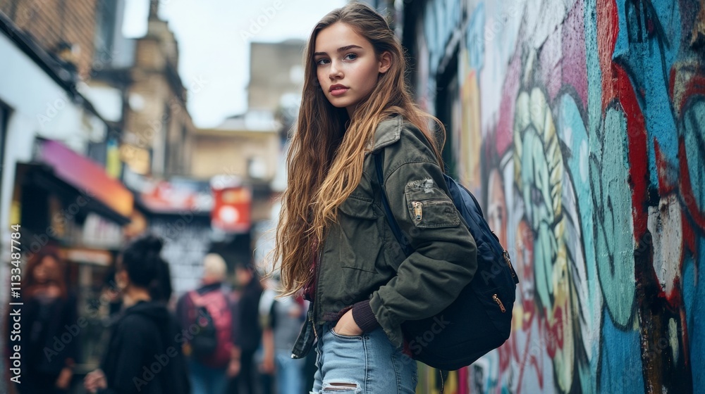Naklejka premium A young woman stands confidently in a vibrant street, surrounded by colorful graffiti. She showcases trendy street fashion and style.