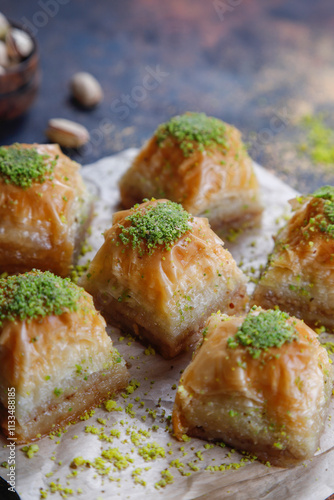 Turkish-style pistachio baklava with a glass of milk.