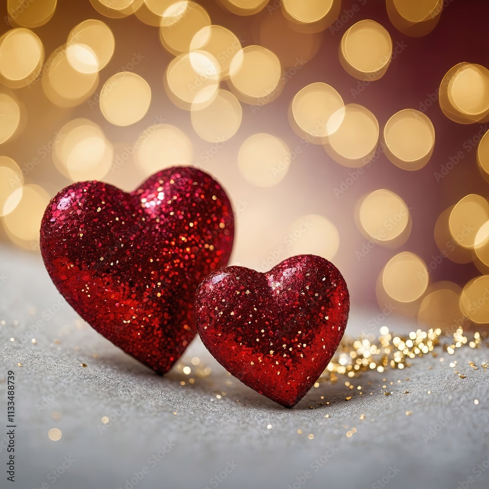 Corazones rojos con purpurina sobre fondo con efecto bokeh dorado, ideal para tarjetas de San Valentín y celebraciones románticas