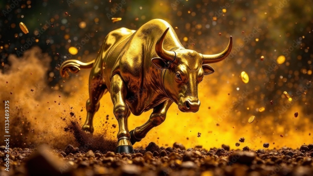 Naklejka premium Run bull. Golden bull charging in the darkness, bullish market trend and crypto investments concept.