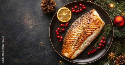 A festive Christmas scene featuring a baked fish fillet served with herbs and traditional accompaniments, capturing the warmth and tradition of holiday meals.
