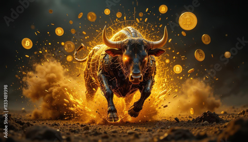 Run bull. Cyber punk bull charging in the darkness with cryptocurrencies in the air, bullish market trend and crypto investments concept.