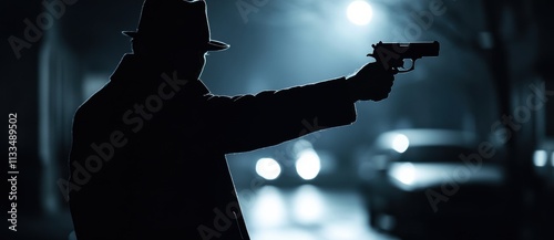 A shadowy figure brandishes a firearm under the glow of city lights at night, evoking tension and intrigue in an urban landscape photo