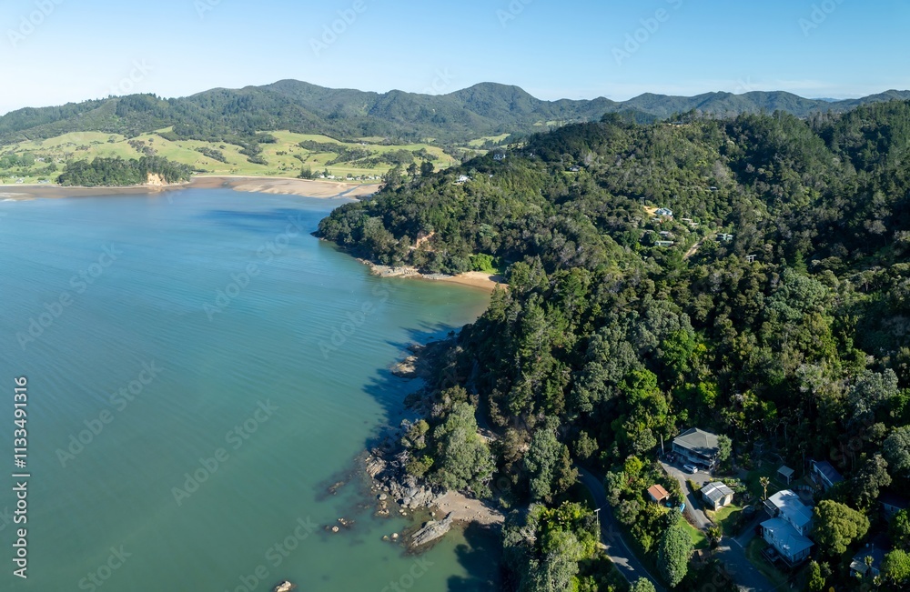 Obraz premium Aerial view of coastal homes nestled amongst lush New Zealand forest, overlooking a calm bay. Tranquil coastal scene. , PORT CHARLES, COROMANDEL PENINSULA, NEW ZEALAND