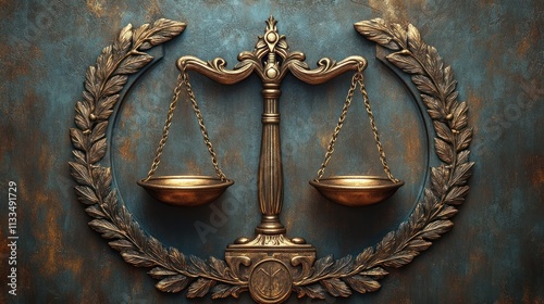 Ornate golden scales of justice on a textured teal background.