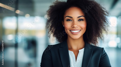 Confident black businesswoman with curly hair stands with arms crossed, smiling in a bright, modern office environment during daytime.