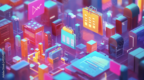 A 3D isometric rendering of a vibrant digital city, showcasing ecommerce elments, app icons, data blocks, and technology infrastructure in a colorful, photo