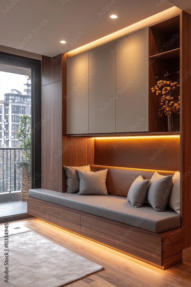 Fototapeta premium Modern built-in window seat with storage and warm lighting.