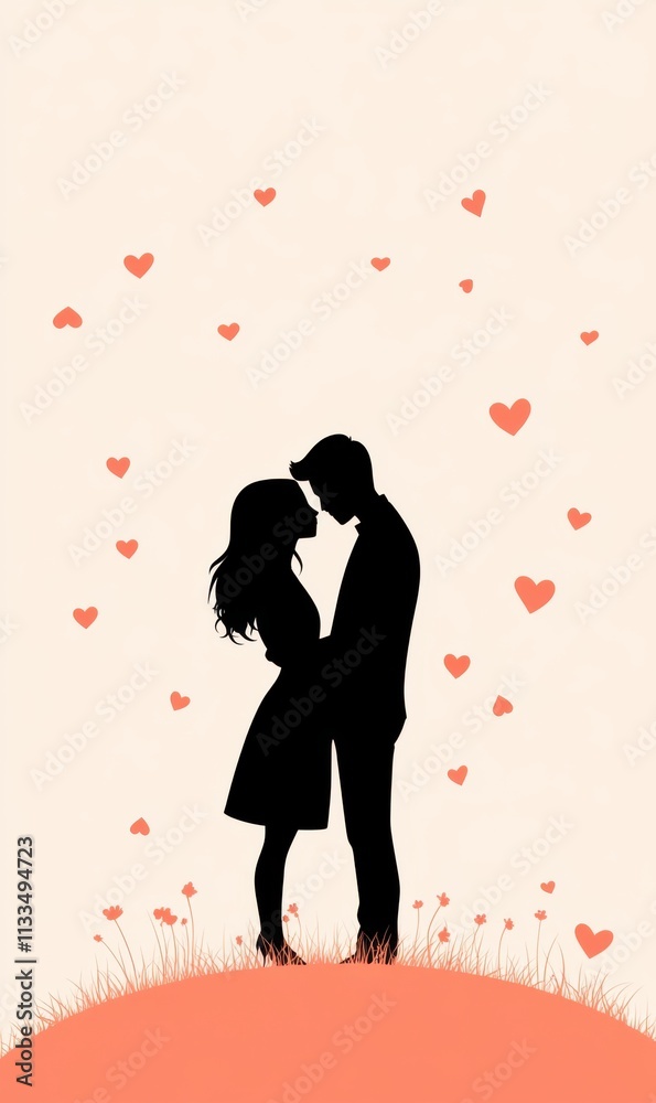 Romantic Silhouette of Couple Embracing Surrounded by Floating Hearts in a Soft Pastel Background Romantic Silhouette of Couple Embracing Surrounded by Floating Hearts in a Soft Pastel Background
