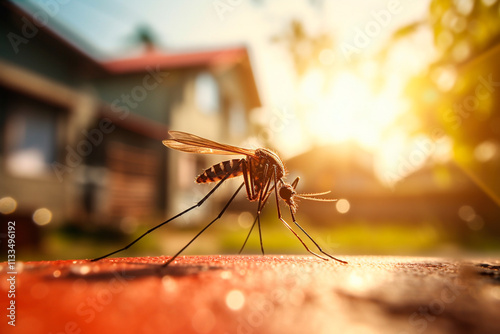 Close-up of the Aedes aegypti mosquito, a dangerous vector of diseases like dengue and Zika virus.
