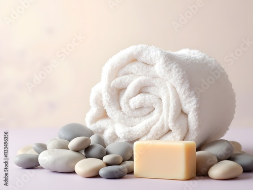 Rolled White Towel with Soap Bar and Smooth Pebbles

 photo