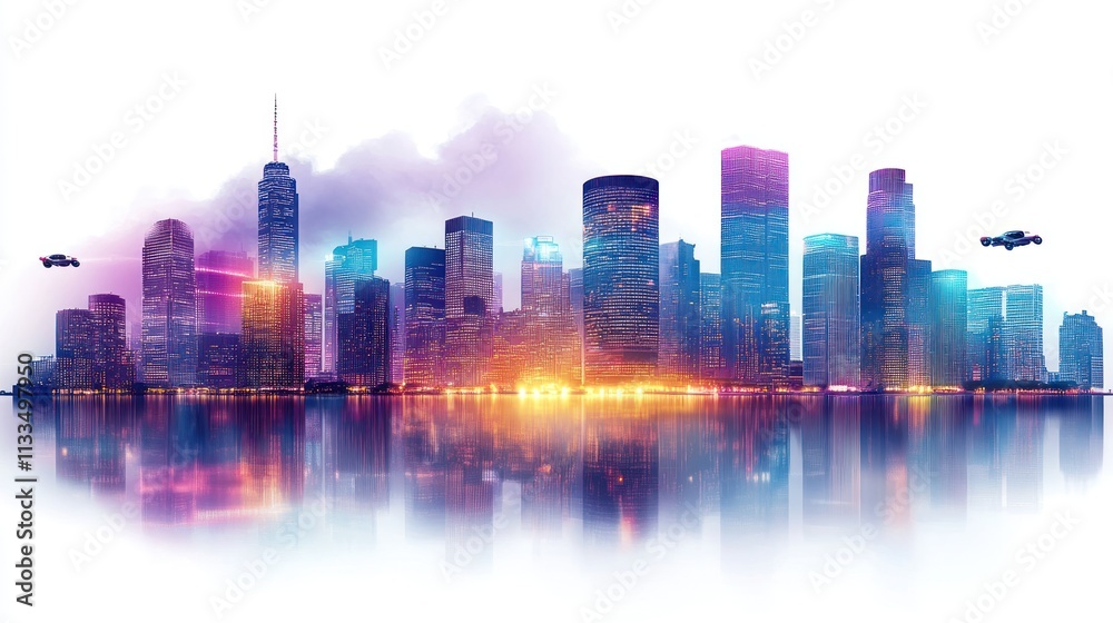 Fototapeta premium Futuristic Cityscape at Night: Neon Lights and Flying Cars