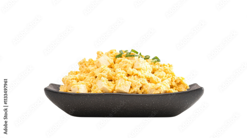 Scrambled Tofu with Chives Served in a Black Bowl on White Background Scrambled Tofu with Chives Served in a Black Bowl on White Background
