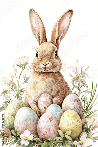 Watercolor Easter bunny with floral wreath, large Easter eggs around the rabbit, soft pastel colors