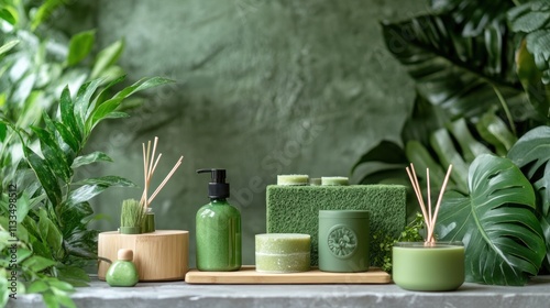 Wallpaper Mural Serene Green Spa Setting: Luxurious Bath Products Amidst Lush Greenery Torontodigital.ca
