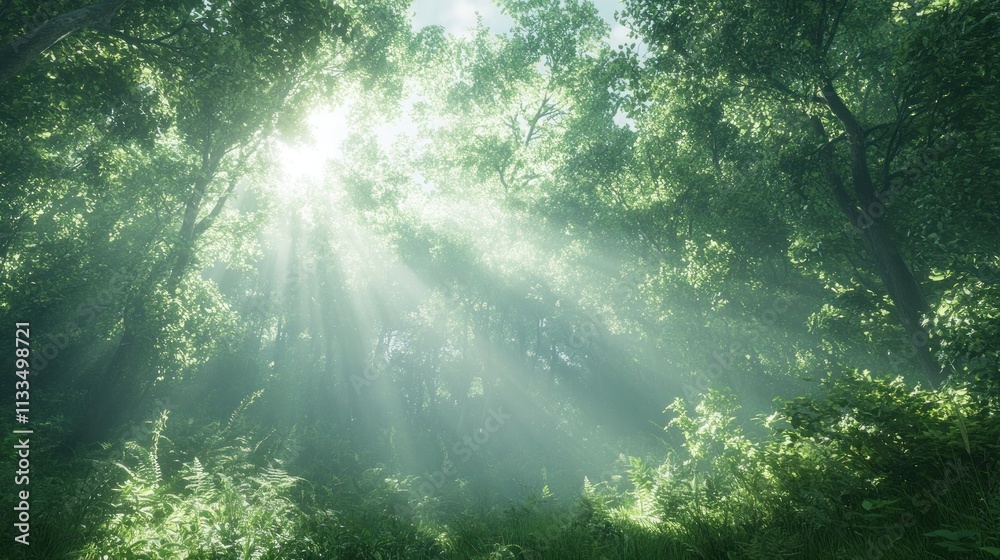 Fototapeta premium Sunbeams Illuminating a Lush Forest