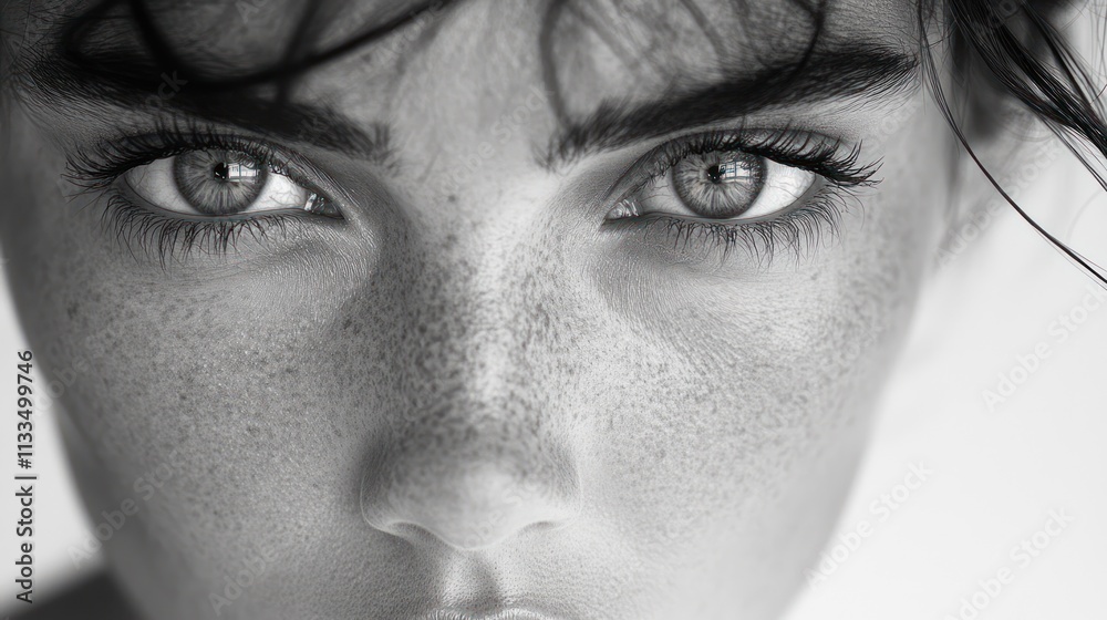 Obraz premium Intense Gaze: A Black and White Portrait of a Woman's Face