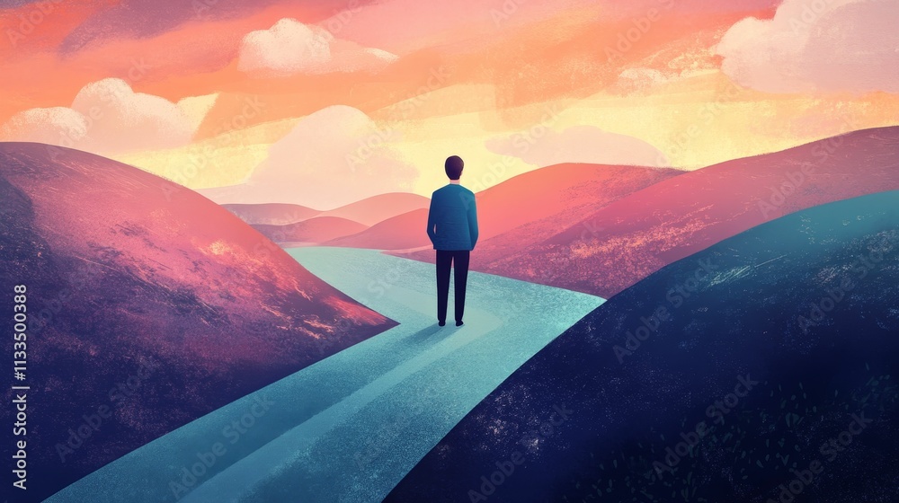 Obraz premium Person stands, path ahead, sunset, colorful hills, river.