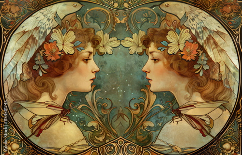 Gemini Zodiac Sign in Art Deco Nouveau Style