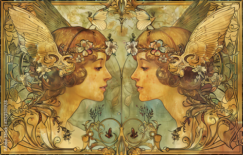 Gemini Zodiac Sign in Art Deco Nouveau Style