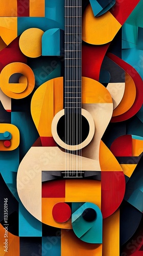 Vibrant cubist guitar illustration with bold colors image