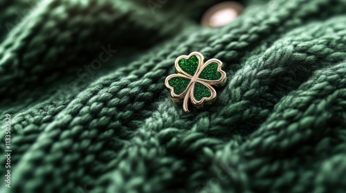 This close-up features a vibrant green shamrock pin adorning a beautifully knitted sweater, celebrating the festive spirit of St. Patrick's Day. The intricate details of the clover shine brightly