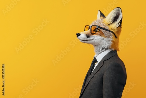 A graphic of a fox dressed in a suit and glasses. This artwork can illustrate a clever and elegant character or enhance any project with a touch of class. photo