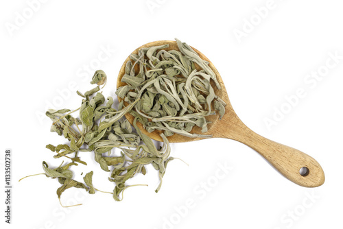 Dried sage leaves for tea in wooden spoon, Salvia farinacea, isolated on white background, top view	 photo