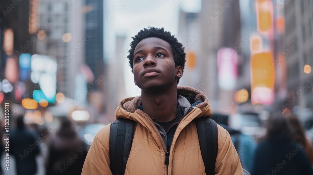 Fototapeta premium Young man, tan jacket, backpack, city street, looking up.