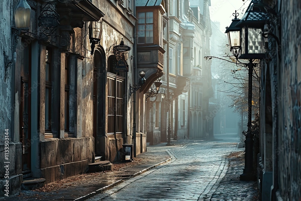 Fototapeta premium Old European city street with Gothic architecture and a dramatic atmosphere.