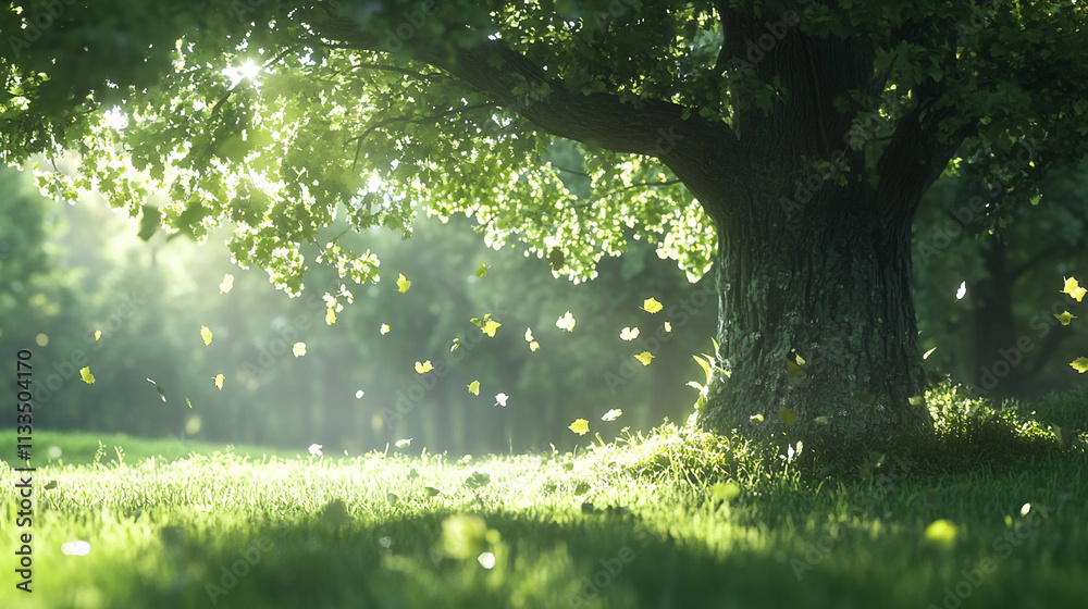 Fototapeta premium Sunlight filters through leaves in a tranquil forest during a gentle afternoon breeze