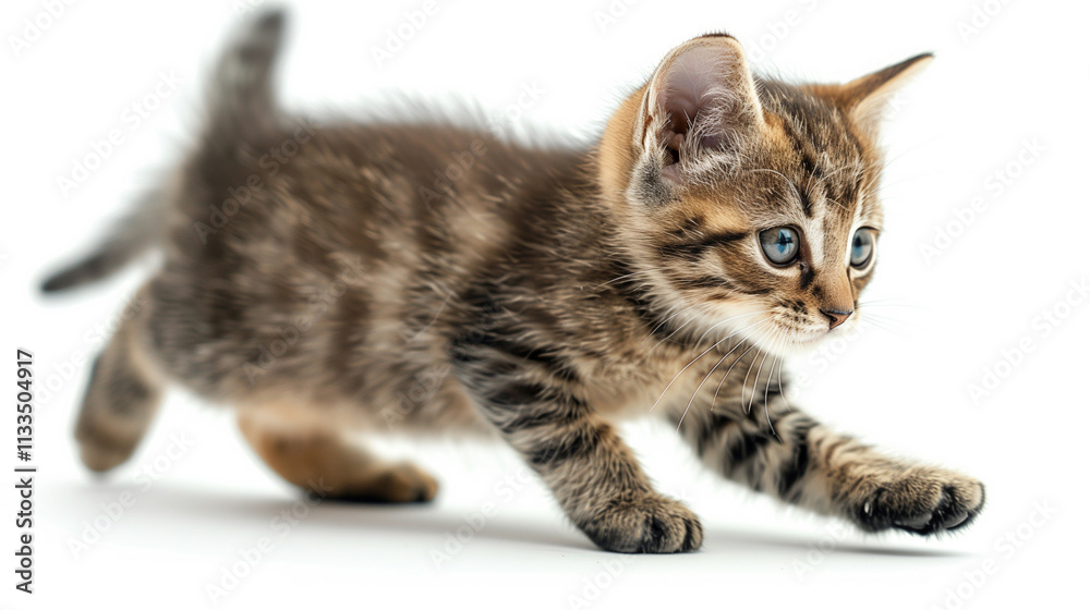 Fototapeta premium Common gray striped kitten running on white background.