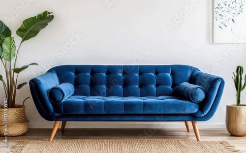 Stylish blue velvet sofa with wooden legs in a modern living room setting with indoor plants and elegant decor photo