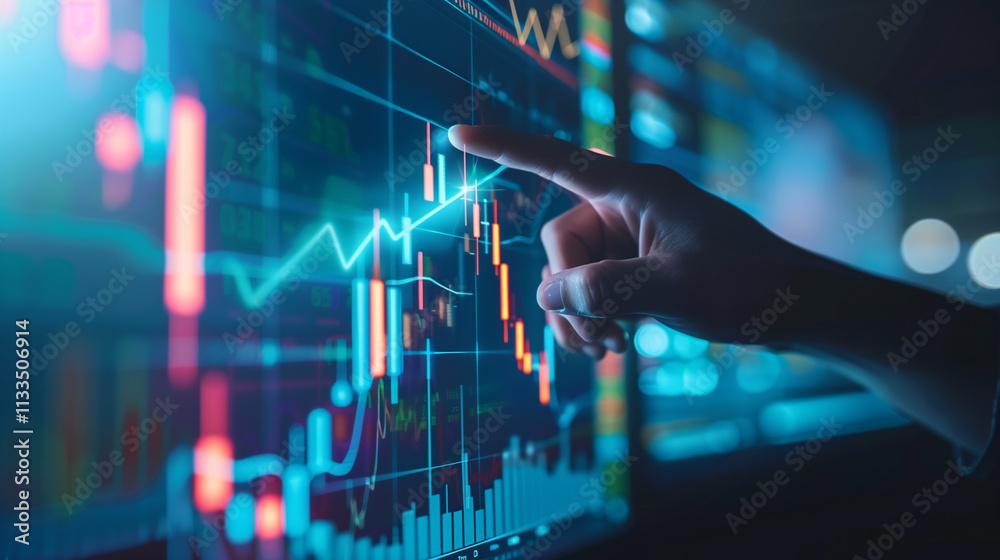 Stockbroker's hand touches the chart on the interactive display. Stockbroker's hand touches the chart on the interactive display.