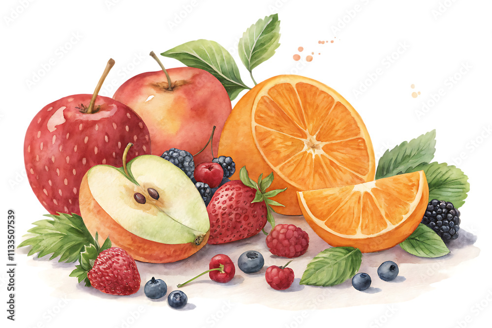 Naklejka premium A vibrant still life bursts forth, showcasing a medley of fresh fruits arranged in a painterly composition.