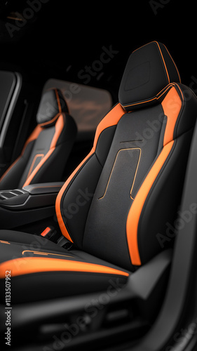 Luxury automotive interior showcasing black and orange sports seats with sleek design details