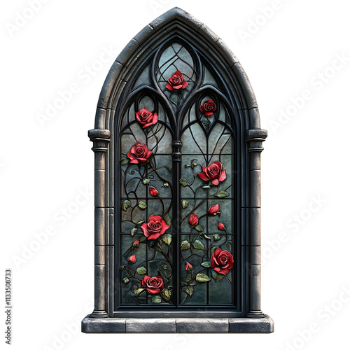 black gothic church window, with red roses photo