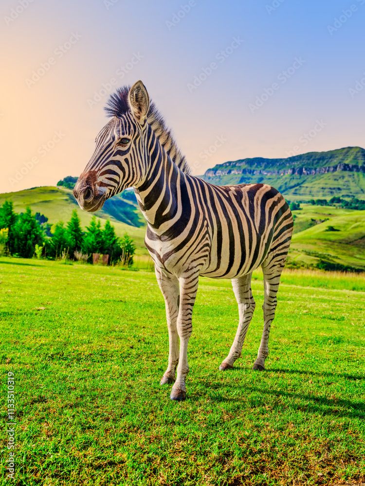 Vertical view of a zebra standing in a lush grass field with the Drakensberg mountain in the background, KwaZulu-Natal, South Africa