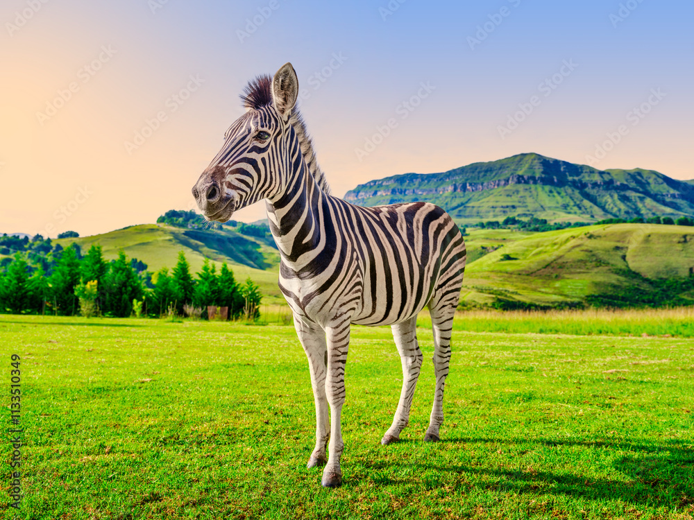 Lush grass field with a zebra standing and the Drakensberg mountain in the background, KwaZulu-Natal, South Africa