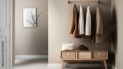 A Scandinavian-inspired hallway with light oak furniture, a clothes rack holding textured outerwear, and smartly labeled storage boxes sitting on an elegant console table. photo