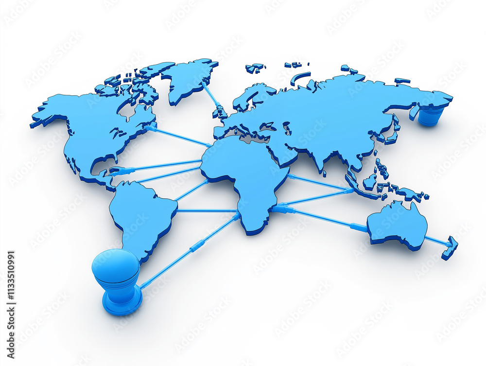 Naklejka premium Blue 3D world map with connected lines representing global communications