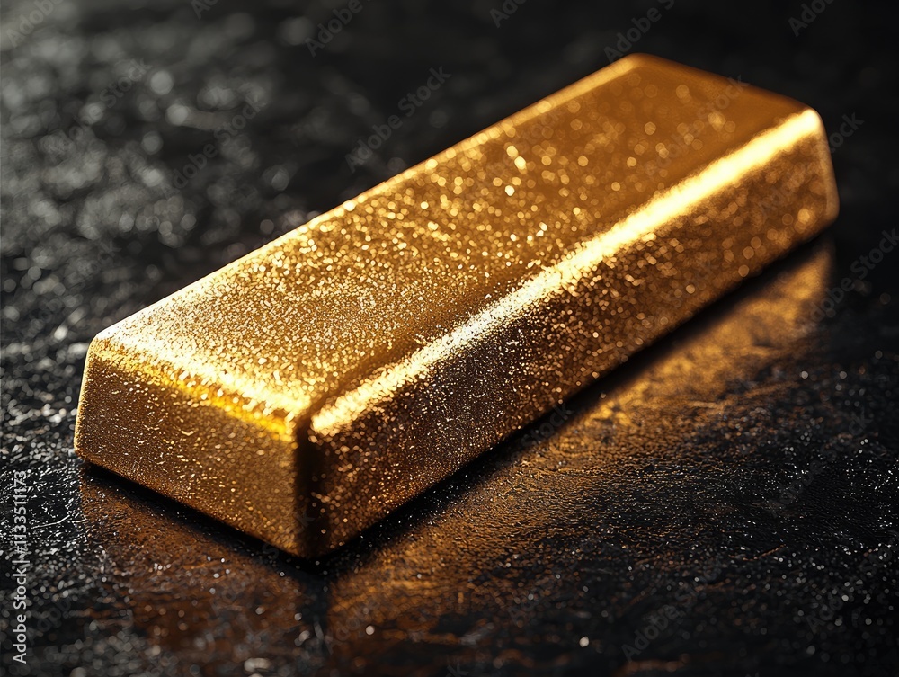 A gold bar sits elegantly on a smooth, dark surface, its brilliance capturing the surrounding light. The scene evokes a sense of wealth and opulence A gold bar sits elegantly on a smooth, dark surface, its brilliance capturing the surrounding light. The scene evokes a sense of wealth and opulence