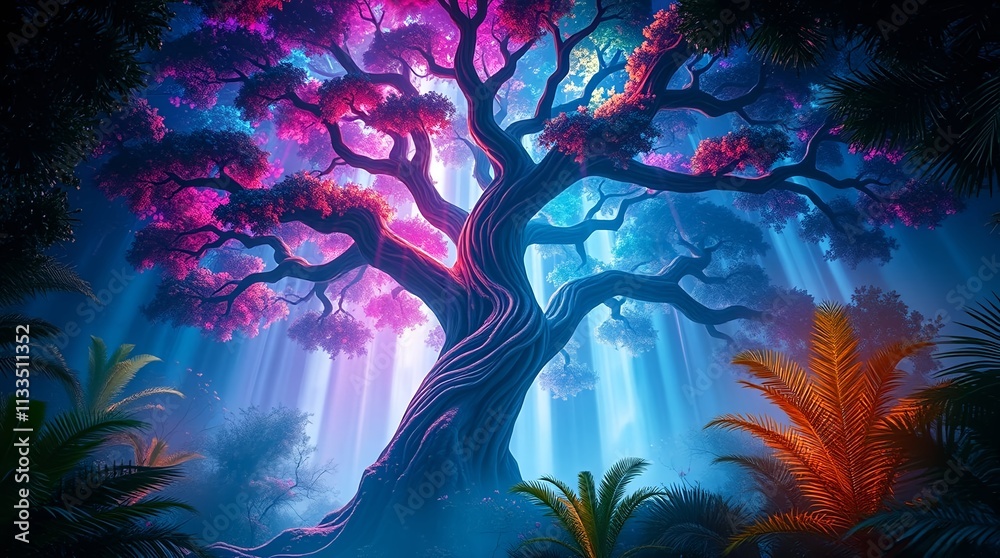 Fototapeta premium surreal fantasy tree with radiant colors glowing in an ethereal forest for cover art or sci-fi concepts