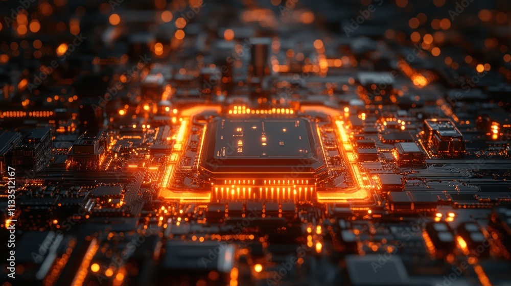 Obraz premium Glowing orange CPU on dark circuit board.