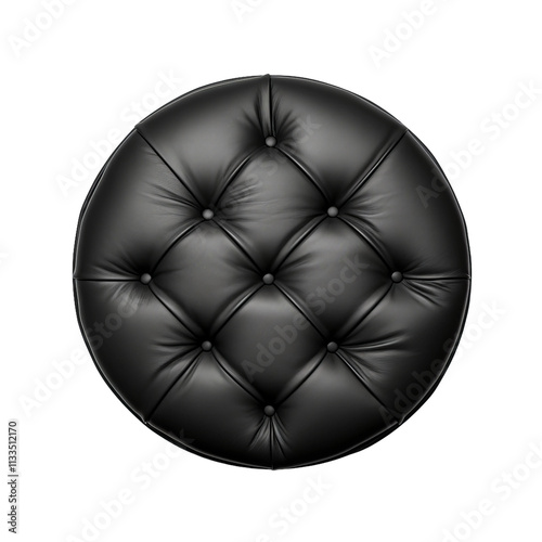 Black leather round stool, top view, white background