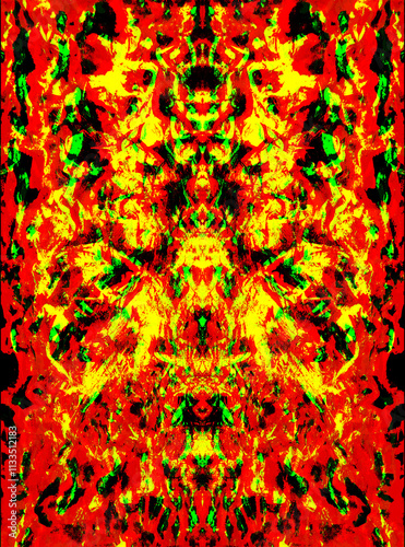 Artistic background in red, yellow, green, black tones. Digital graphics.
