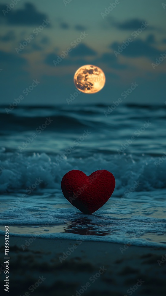 Fototapeta premium Full moon rising over heart-shaped beach at night photos