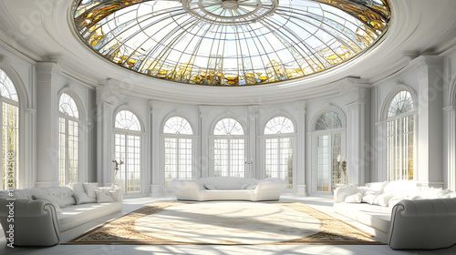 An Exquisite White Steampunk Portal Room with a Stunning Stained Glass Dome Ceiling and No Furniture to Enhance Its Architectural Elegance photo