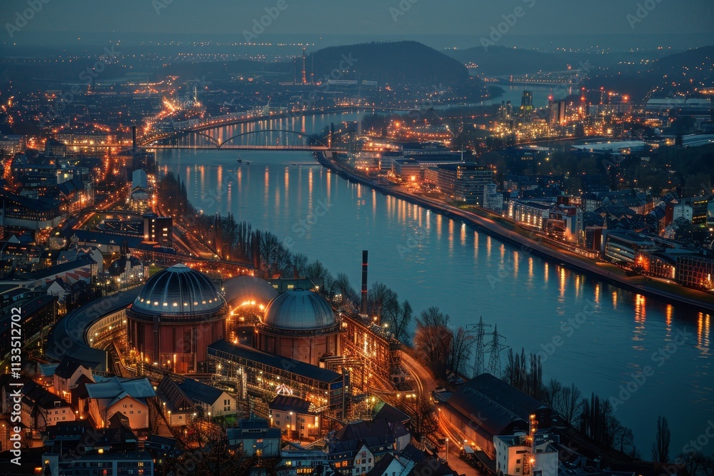 Fototapeta premium Illuminated Gasometers and Cityscape at Night with River, Citylights, Reflections on Water