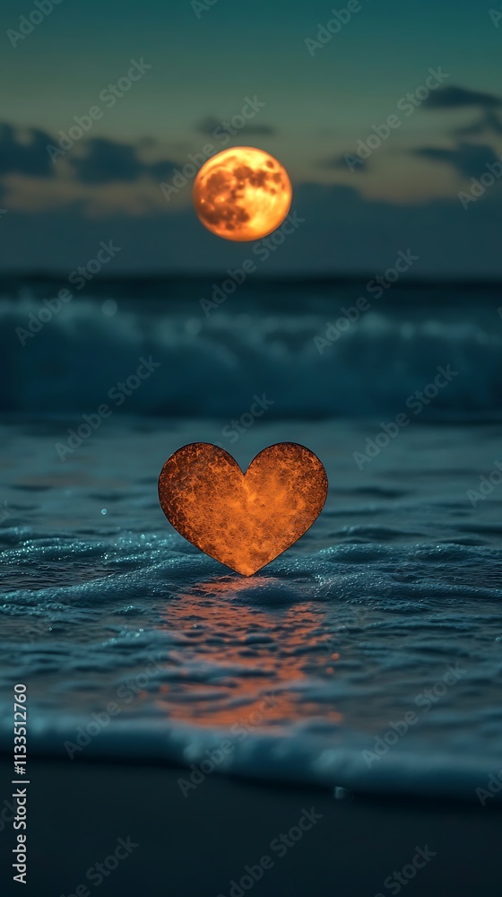 Fototapeta premium Heart-shaped beach under full moon night sky image
